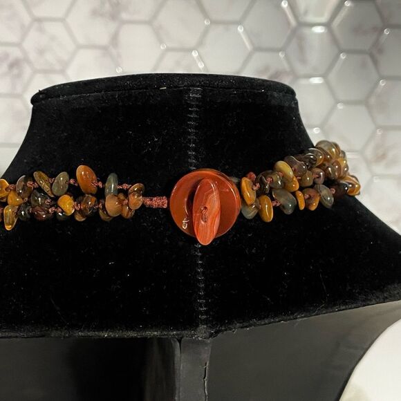 Elegant Multi-Strand Amber, Chaceldony, and Carnelian 3 Strand Necklace - Picture 5 of 5